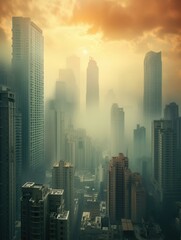 A cityscape enveloped in dense smog, depicting the detrimental impact of air pollution on urban environments. Generative AI.