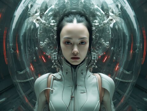 A woman in a futuristic suit standing in front of a circular object. Generative AI.