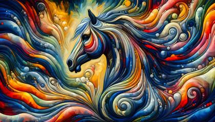 Abstract oil painting of a horse, enhancing the fusion of impressionism and modern surrealism for wall decor - obrazy, fototapety, plakaty