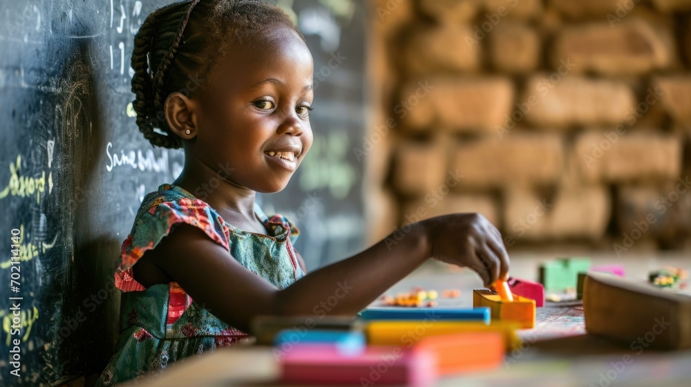 Poster A young girl happily playing with colorful blocks in a classroom setting. Generative AI.