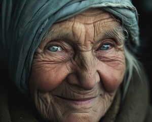 An elderly woman with kind blue eyes, reflecting wisdom and experiences. Generative AI.