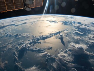 The sun shines over the earth from space. Generative AI.