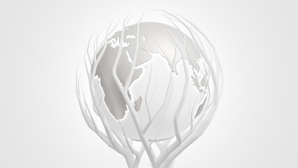 White Earth globe was surrounded by white branches. Minimal idea concept.