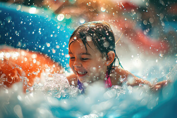 a toddler splashing around in an inflatable water slide - obrazy, fototapety, plakaty