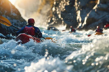 a group of friends engaged in kayaking or rafting on a river with rocks - obrazy, fototapety, plakaty