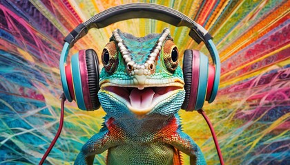 colorful lizard with funky podcast headphones on black background