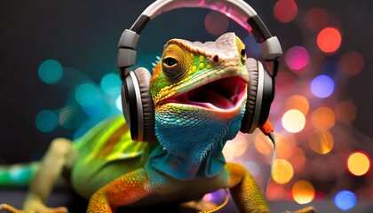 colorful lizard with funky podcast headphones on black background