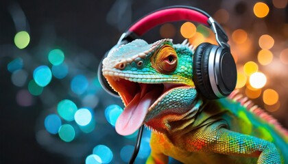 colorful lizard with funky podcast headphones on black background