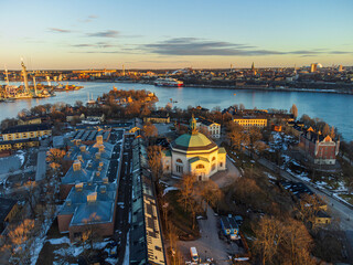 The island of Skeppsholmen in Stockholm in late autumn, overlooking the Eric Ericson hall and...