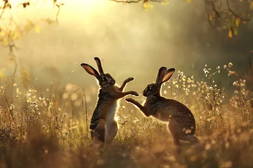 Foto op Aluminium Two March hares boxing and fighting in the spring in a springtime meadow during the mating season, stock illustration image © Tony Baggett