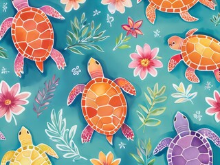 Seamless pattern with sea turtles and flowers. Digital painting illustration.

