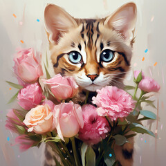 Bengal cat with flowers