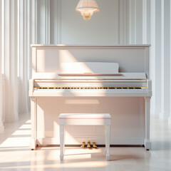 Fototapeta na wymiar Sleek White Upright Piano in Sunlit Room. A Symphony of Modern Elegance and Acoustic Charm. Minimalist White Piano Bathed in Natural Light.