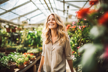 portrait of woman walking in indoor botanical garden, smiling. A nature loving business woman escaping busy city life in and enjoying peaceful botanical garden.