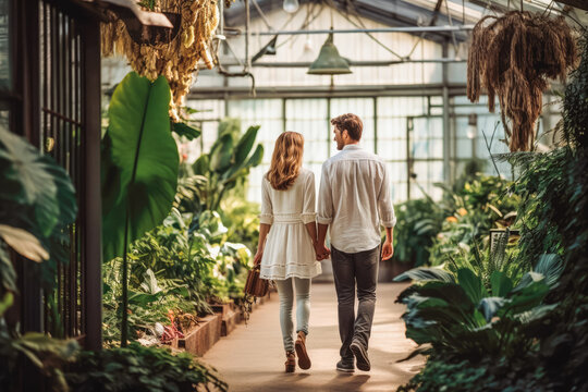 Portrait of couple walking in botanical garden holding hands. A nature loving couple escaping busy city life in and enjoying peaceful botanical garden.