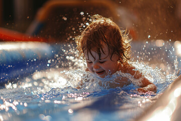 a toddler splashing around in an inflatable water slide