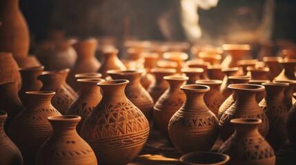 Fototapeta na wymiar Clay pots in a pottery workshop, closeup of photo Generative AI