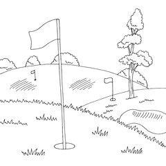 Golf course graphic black white landscape sketch illustration vector 