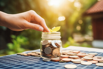 Woman putting coin into jar against house with installed solar panels on roof, closeup. Economic benefits of renewable energy.