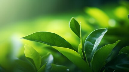 Fototapeta premium Close up of fresh green tea leaves on blurred greenery background. Generative AI
