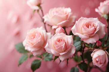 pink roses with soft pink background for valentine's day design copy space