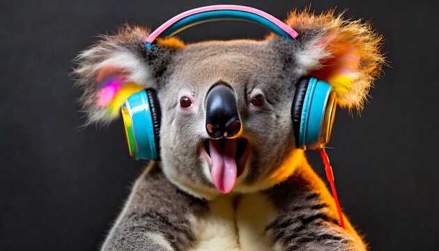 Colorful koala bear with headphones on black background in retro suit