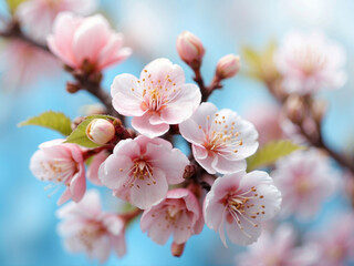 Fototapeta premium Beautiful floral blossoming apricot or sakura on gentle light blue sky background. cherry blossom spring greeting cards with copy space