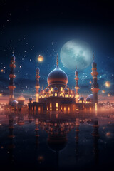 illustration of amazing muslim mosque at the fantasy night. Ramadan concept.