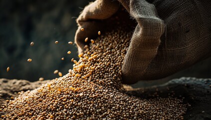 The hand pours buckwheat out of the bag, the beans crumble. The concept of productivity in agriculture. - obrazy, fototapety, plakaty