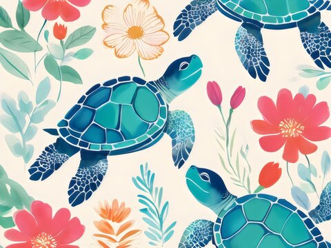 Seamless pattern with watercolor turtles and flowers. Digital Painting illustration.