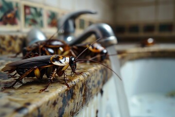 A group of large cockroaches sit on the kitchen dishwashing faucet. Disgusting insects on a dirty wet sink.