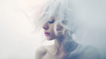 Portrait of a beautiful young woman with wind blowing her hair. Generative AI