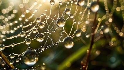 Dewdrops on a spiderweb in the morning light.