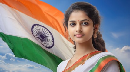 Beautiful Indian Woman Wearing Traditional Clothes and a Flag. A fictional character created by Generative AI. 