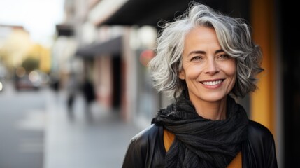 Fototapeta premium Portrait of smiling middle aged woman with grey hair in the city Generative AI