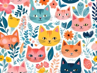 Seamless Pattern Face cat and flowers. Digital painting illustration.