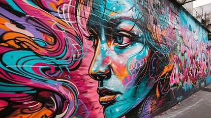 Fototapeta premium Concrete wall with graffiti. Girl's face street art.