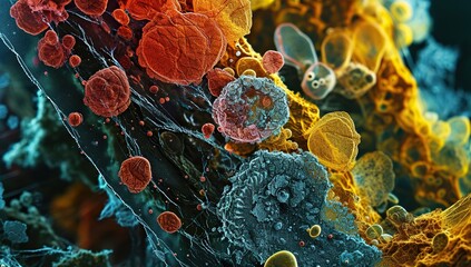 Microscopic viruses and bacteria of different colors and shapes. The concept of infectious disease research. - obrazy, fototapety, plakaty