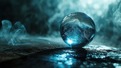 A glass sphere reflecting bluish light and smoke on a wet stone floor. The concept of mysticism and prophecy. - obrazy, fototapety, plakaty