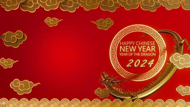 Background image for Chinese New Year 2024. New Year greeting theme: Flying  golden dragon and auspicious red. Traditional Chinese red auspicious lantern. 3D Rendering