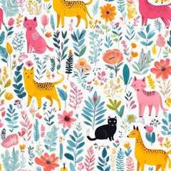Seamless Patterrn Animal Wildlife and Flowers. Digital Painting Illustration.