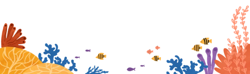Rolgordijnen Kinderkamer Watercolor coral reef background. Cute silhouette of ocean fish and algae on the white. Hand drawn cartoon underwater ocean scene, horizontal banner, seascape with reef illustration.  © Tani Kuzminka