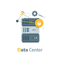 Data Center, Web servers, service, internet connection, cloud servers with security icons flat