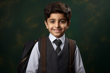 Arab muslim schoolboy, smiling, looking at camera, back to school concept, with a school blackboard in the background behind the back, studio shot, copy space