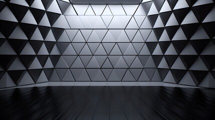 Polished semigloss tiled wall with black 3D triangular blocks render. AI generative.