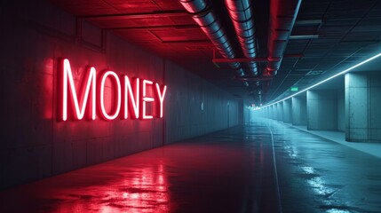 Huge neon sign Money. Glowing sale light advertising in an empty room. Theme of discount and commerce