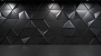 Polished semigloss tiled wall with black 3D triangular blocks render. AI generative.