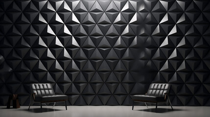 Polished semigloss tiled wall with black 3D triangular blocks render. AI generative.