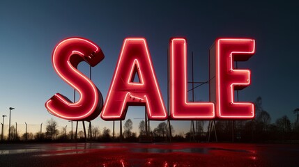 Huge neon sign Sale. Glowing sale light advertising. Theme of discount and commerce