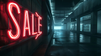 Huge neon sign Sale. Glowing sale light advertising in an empty room. Theme of discount and commerce - obrazy, fototapety, plakaty